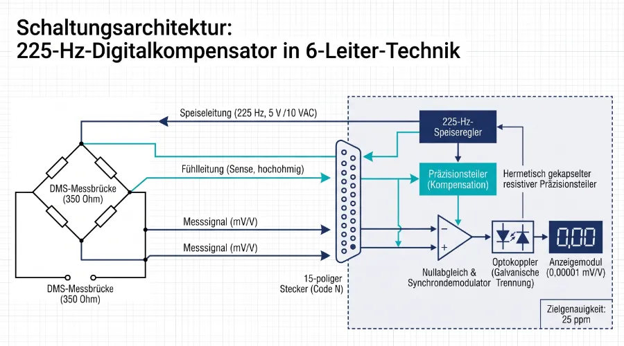Schaltungsarchitektur und ratiometrisches Sechsleiter-Kompensationsprinzip des HBM DK 38 S 6