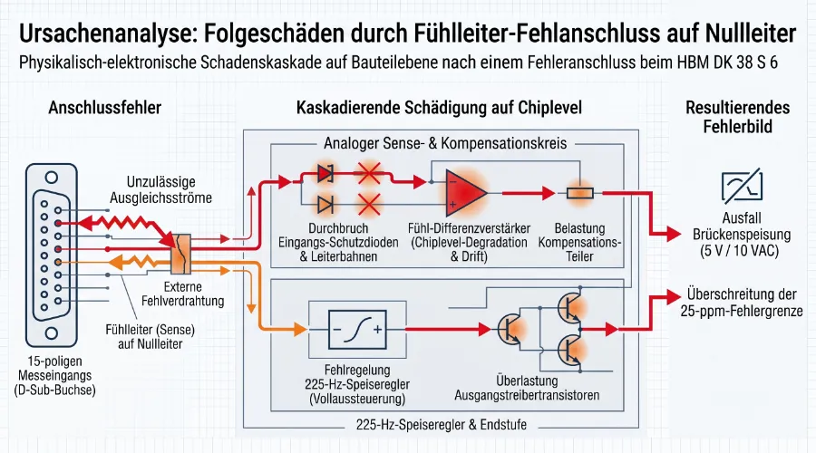 Elektrische Fehlerkaskade auf Bauteilebene bei Fehlanschluss des Fühlleiters auf den Nullleiter